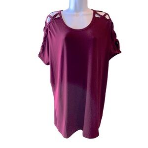 Sheila Rose SizeXL Top Burgundy Criss Cross Cold Shoulder Scoop Neck Long